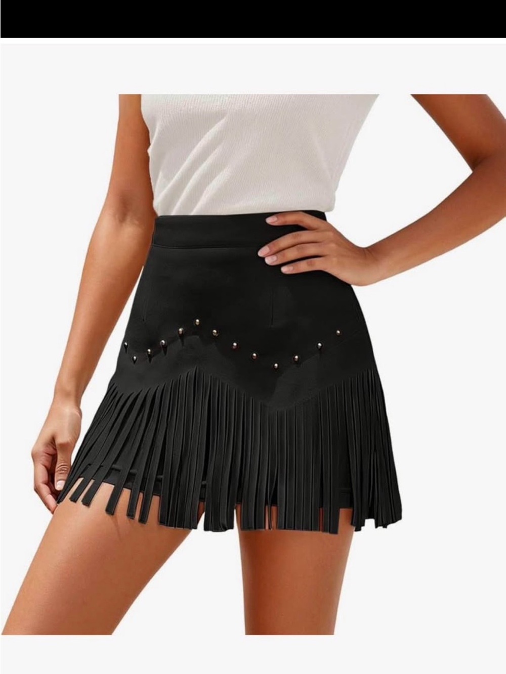 Fringed Black Mini Skirt with Stud Detail